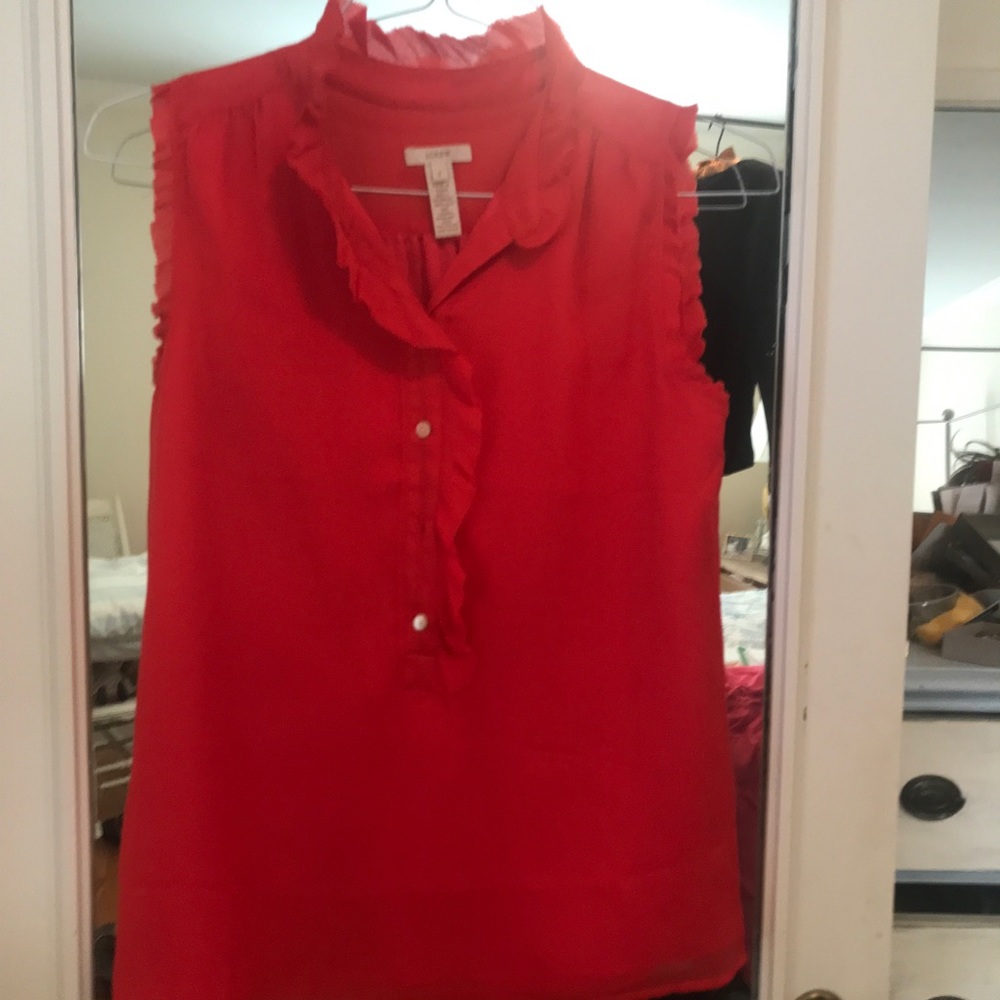 J Crew Red sleeveless 100% silk blouse with ruffle neckline.